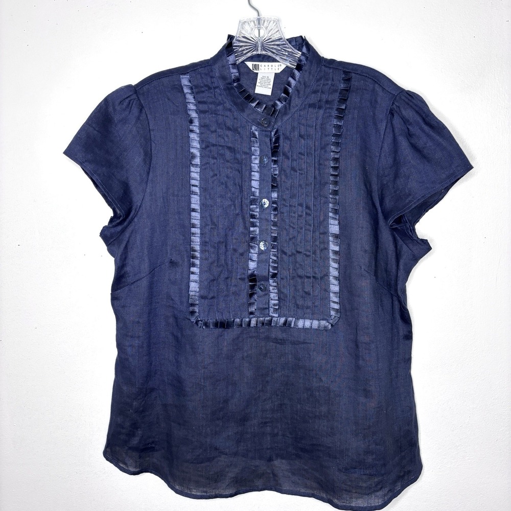 Carole Little Blouse XL Navy Blue Pintuck Ribbon Trim Cottagecore Minimalist - Picture 1 of 9